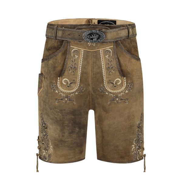 Lederhosen broek met riem, eiken antiek, GEITENLEER  H 5250