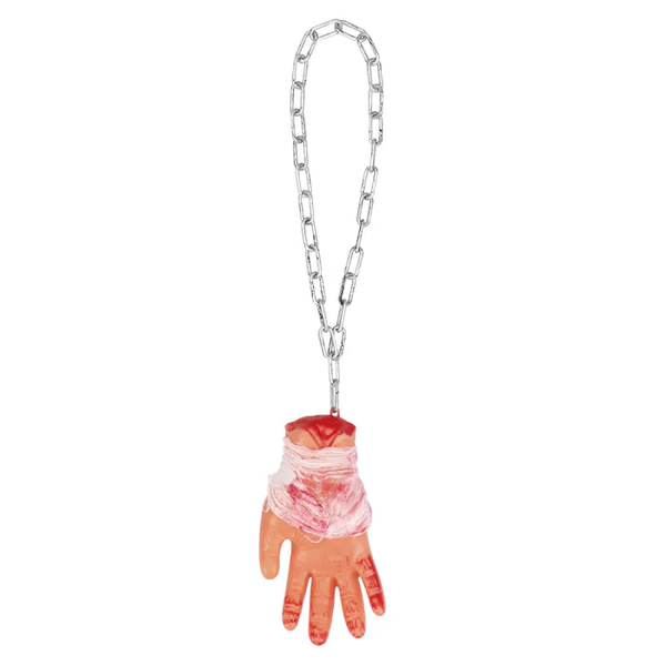 Halloween: Decoratie Bloederige hand met ketting (63 cm)