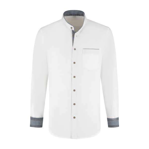 Tiroler overhemd zuiver wit met opstaande kraag denim