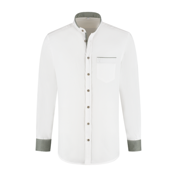Tiroler overhemd zuiver wit met opstaande kraag met groene accenten