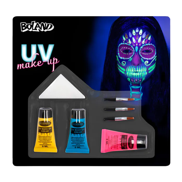 Schmink: Schmink kit Bright skull UV (schmink op waterbasis,applicators en spons)