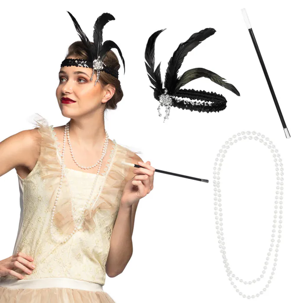 Sieraden: Set Flapper (hoofdband, ketting en sigarettenhouder)