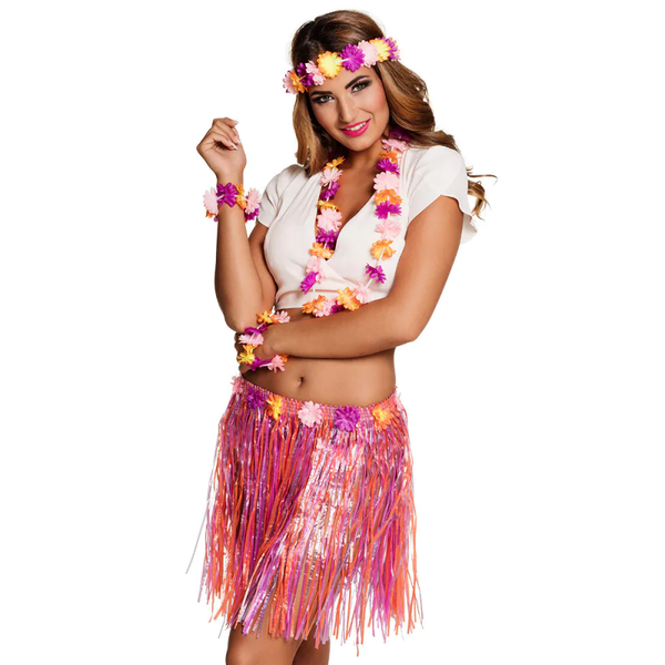 Hawaï: Set Kiki (hoofdband, hawaïkrans, 2 armbanden en rokje)