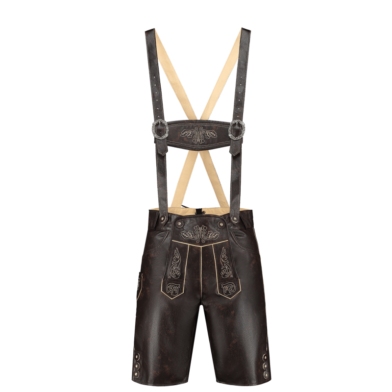 Lederhosen van kunstleer, antiek vintage bruin.