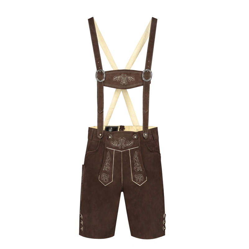 Lederhosen van kunstsuède donkerbruin, kort