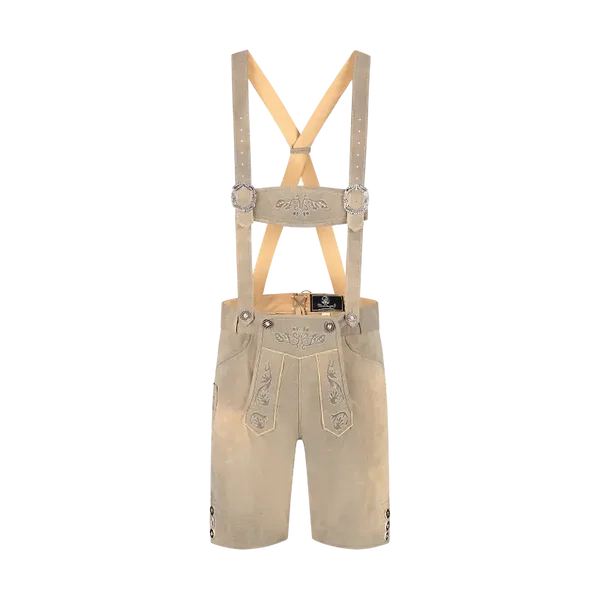 Lederhosen van lichtbruin imitatie suède, kort