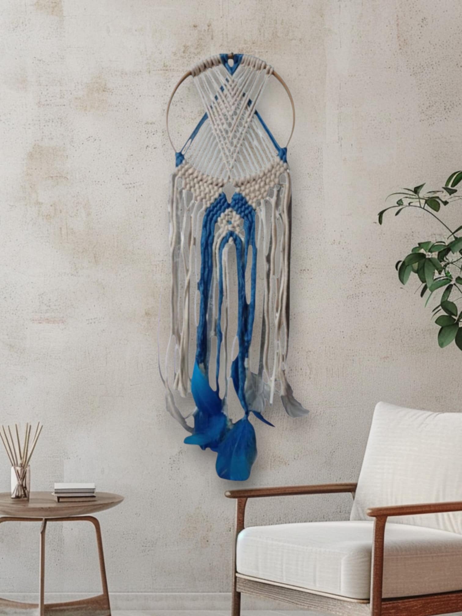 🕊️ Attrape-rêves en macramé bleu & blanc