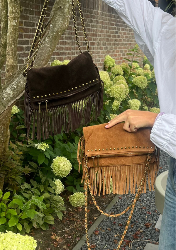 Handtasje met studs en franjes camel