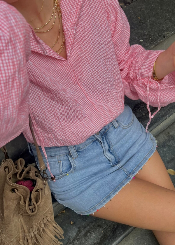 Denim skort met kralen randje