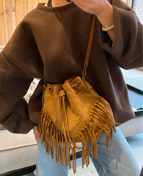 Suède tasje met franjes camel