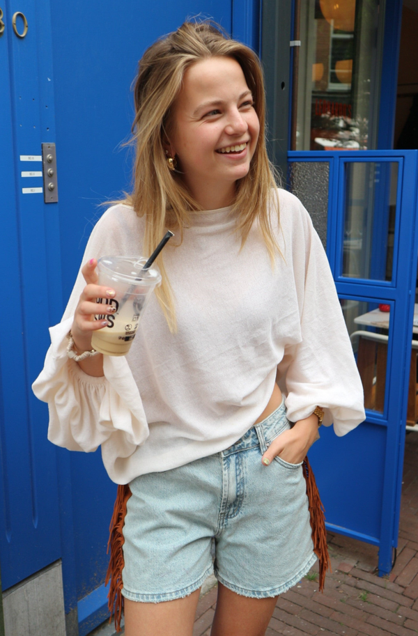 Denim short met suède franjes
