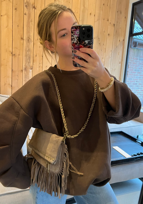 Handtasje met studs en franjes taupe