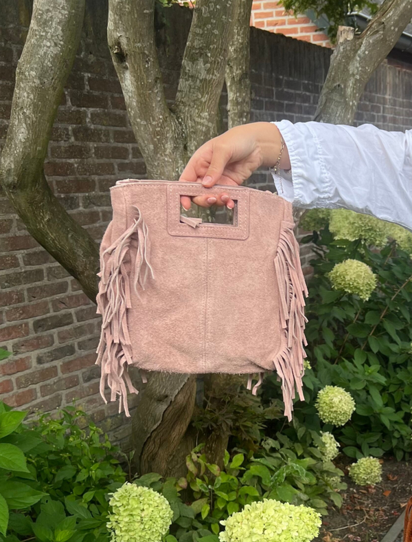Boho tasje suède met franjes lichtroze