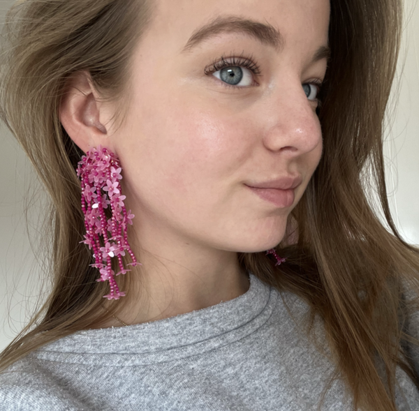 Bohemian franjes oorbellen met kraaltjes O32 Fuchsia