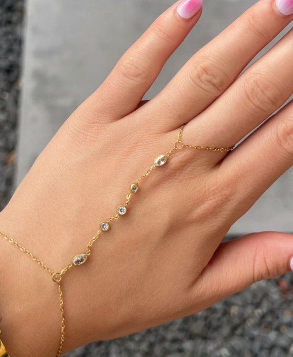 Hand chain met steentjes groot A15 Goud