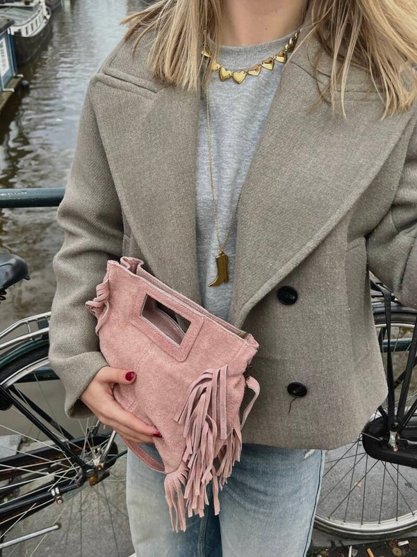Boho tasje suède met franjes lichtroze