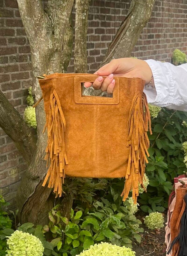 Boho tasje suède met franjes camel