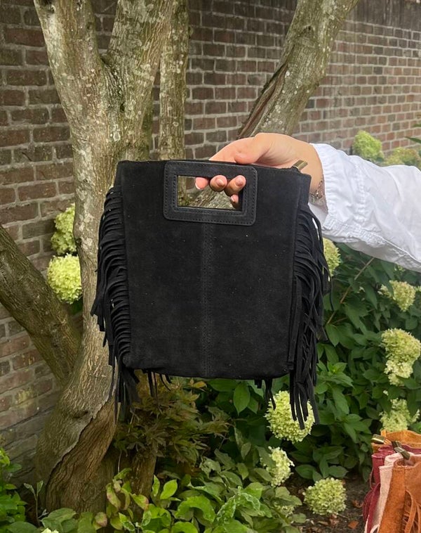 Boho tasje suède met franjes zwart