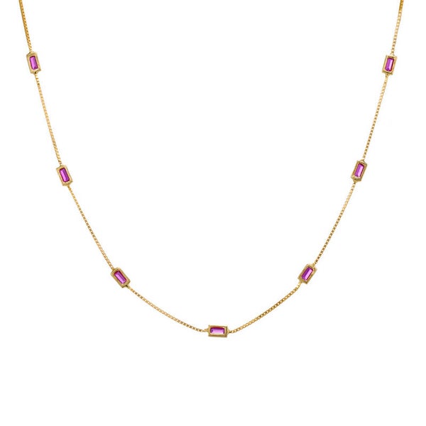 Silver Essentials Sterling Silver Gold Plated Fine Box Chain With Ruby Baguette CZ 45CM