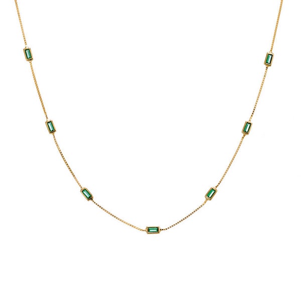 Silver Essentials Sterling Silver Gold Plated Fine Box Chain With Green Baguette CZ 45CM