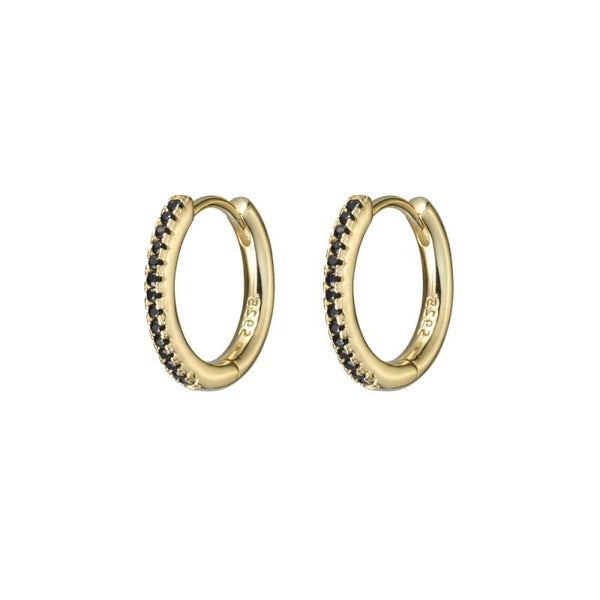Silver Essentials 12MM Black CZ Huggie Earrings Sterling Silver Gold Plated