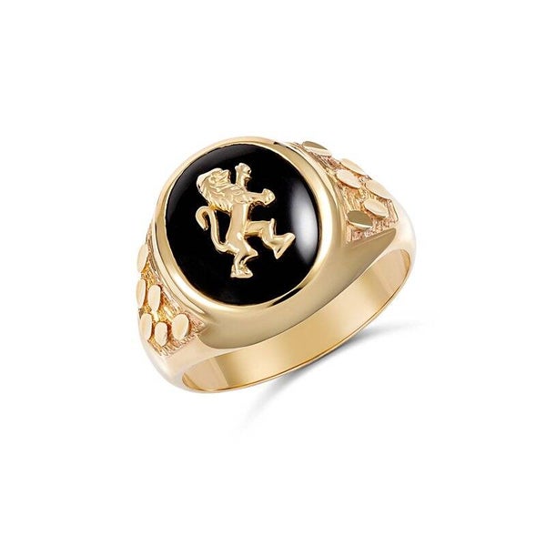 Oval Black Onyx Ring with Lion Detail in 9ct Yellow Gold or Sterling Silver