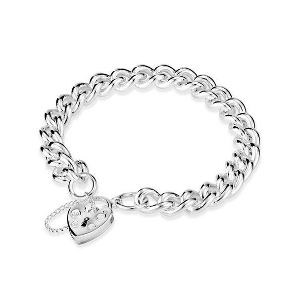 Silver Essentials Solid Heavy Curb Chain Bracelet With Heart Padlock in Sterling Silver