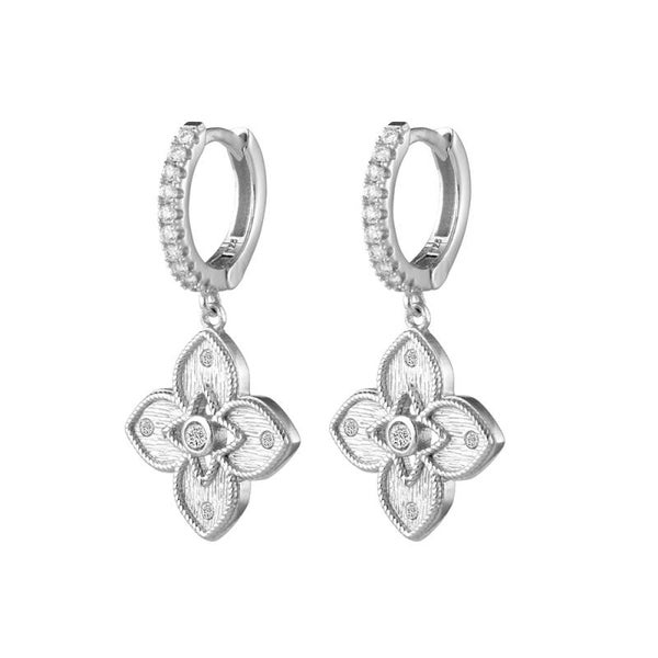Silver Essentials Venetian Flower Huggie CZ Earrings in Sterling Silver or Gold Plated