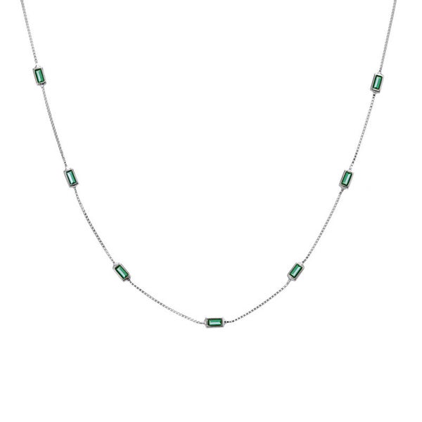 Silver Essentials Sterling Silver Fine Box Chain With Green Baguette CZ 45CM