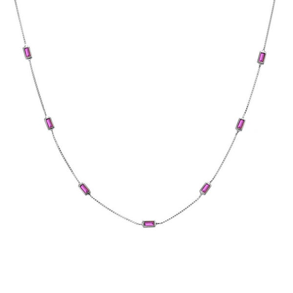 Silver Essentials Sterling Silver Fine Box Chain With Ruby Baguette CZ 45CM