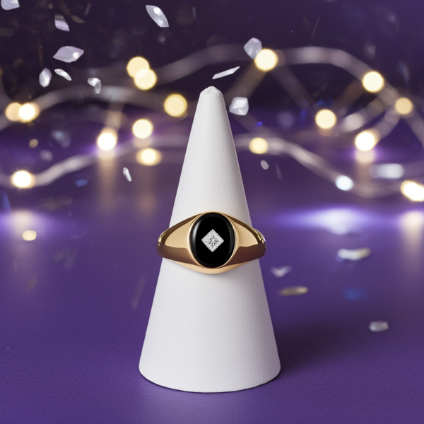 Black Onyx and Diamond Ring in 9ct Gold