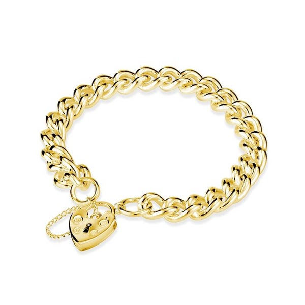 Silver Essentials Solid Heavy Curb Chain Bracelet With Heart Padlock in Sterling Silver under 14K Yellow Gold Plating
