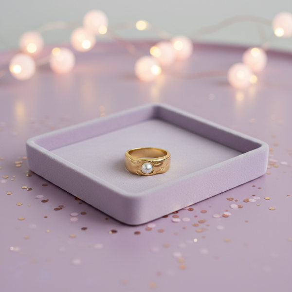 Seren Stainless Steel Waterproof 18K Gold Plated Pearl Molten Ring