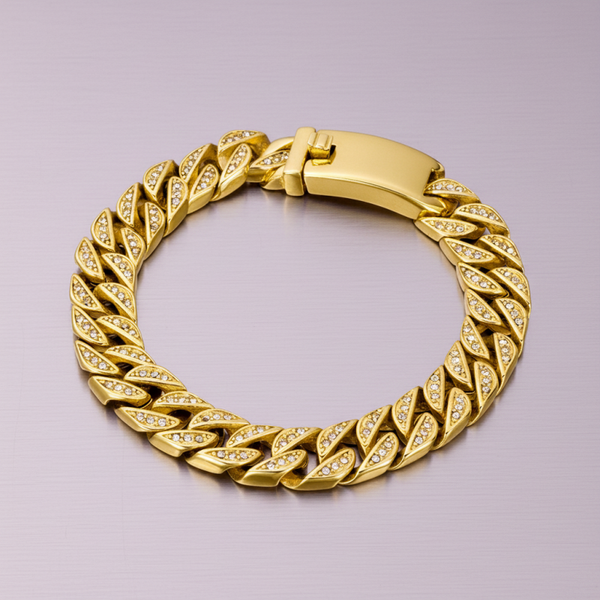 Blaze Stainless Steel 12MM Gold Plated Cuban CZ Set Bracelet 22CM