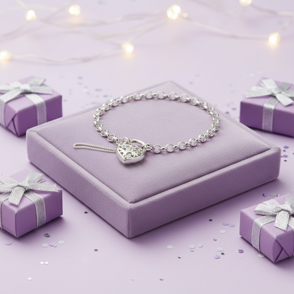 Silver Essentials Belcher Bracelet With Filigree Heart Locket in Sterling Silver