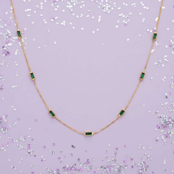 Silver Essentials Sterling Silver Gold Plated Fine Box Chain With Green Baguette CZ 45CM