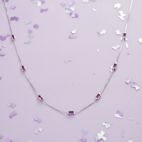 Silver Essentials Sterling Silver Fine Box Chain With Ruby Baguette CZ 45CM