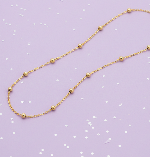 Silver Essentials Sterling Silver 18K Yellow Gold Plated 1MM Belcher Chain With 3MM Beads 55-70CM