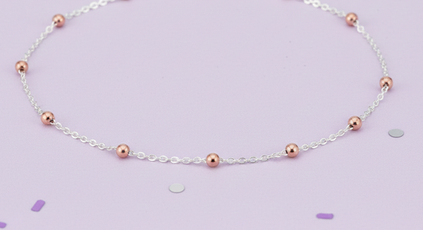 Silver Essentials Sterling Silver 1MM Belcher Chain With Rose Gold Plated 3MM Beads 70CM