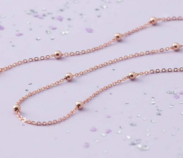 Silver Essentials Sterling Silver 18K Rose Gold Plated 1MM Belcher Chain With 3MM Beads 70-90CM