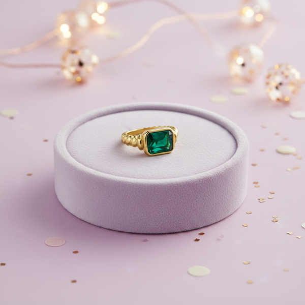 Seren Stainless Steel Waterproof 18K Gold Plated Twist Ring With Bezel Set Cubic Zirconia in Red Green or White