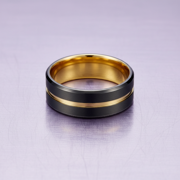 Blaze Stainless Steel Matte Brushed Black Ring with Gold