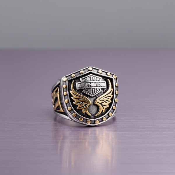 Blaze Stainless Steel Gold Detail Motorcycle Shield Ring