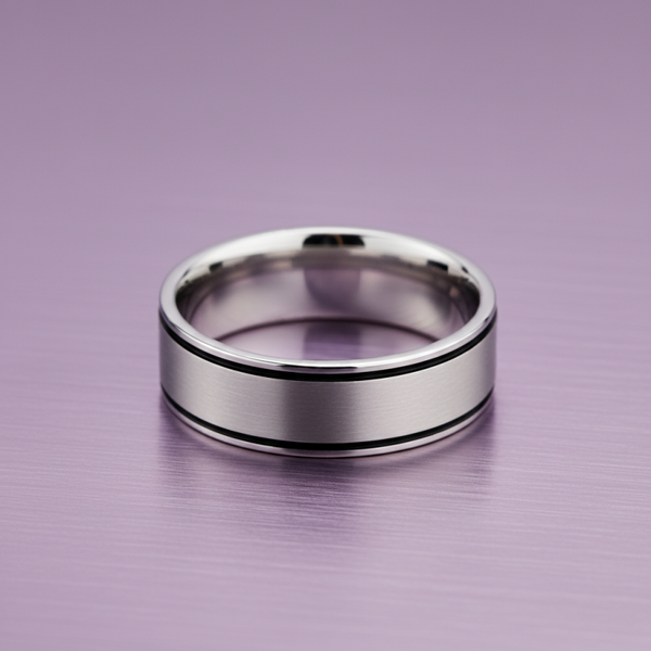 Blaze Stainless Steel Matte Wide Band Ring With Black Detail