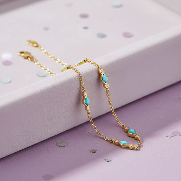 Silver Essentials Enamel Turquoise and CZ Bracelet Sterling Silver or 14K Gold Plated