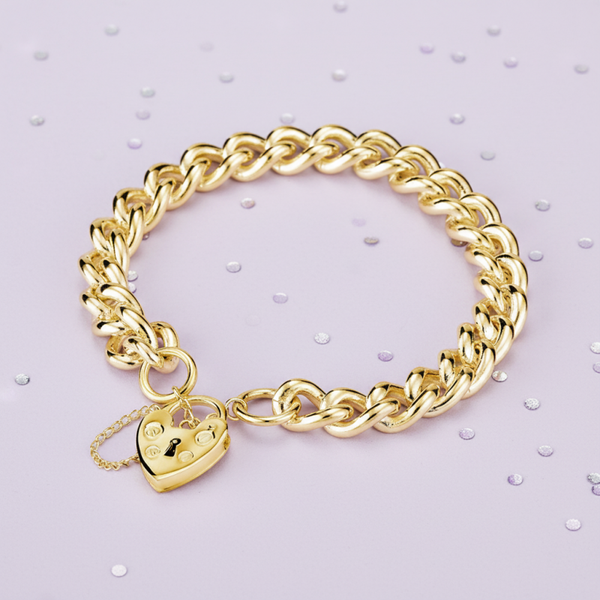 Silver Essentials Solid Heavy Curb Chain Bracelet With Heart Padlock in Sterling Silver under 14K Yellow Gold Plating