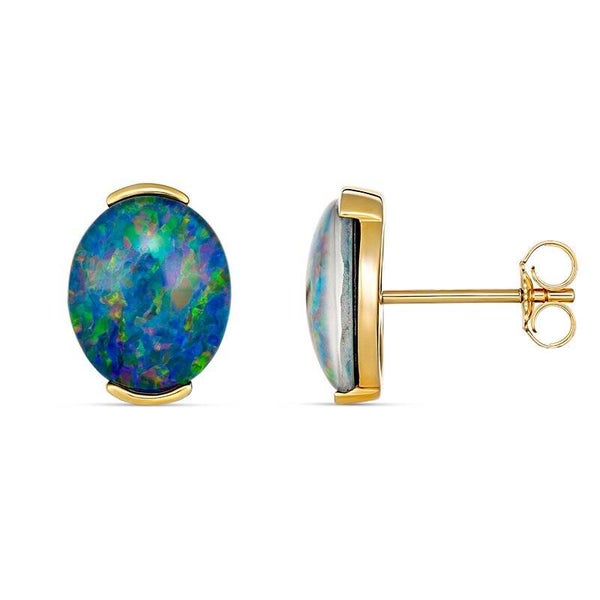 Firegem Oval Opal Stud Earrings in 9ct Yellow Gold