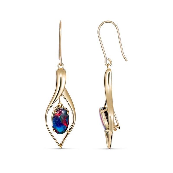 Firegem 10x6MM Opal Leaf Shaped Hook Earrings in 9ct Yellow Gold