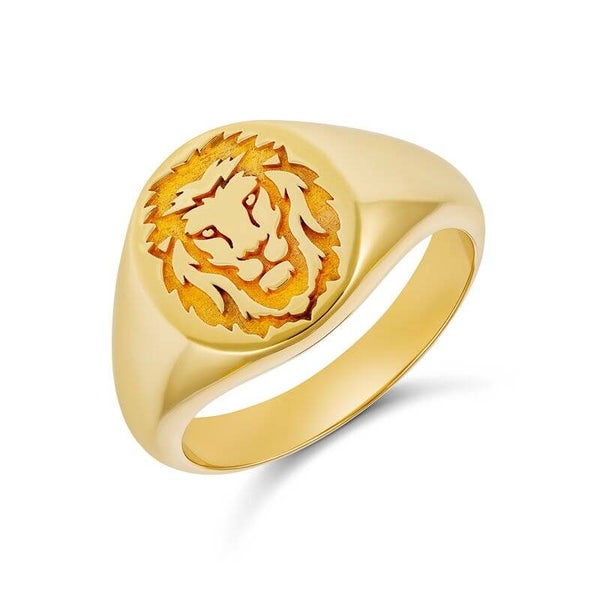 Sygnet Ring with Lion Face Detail in 9ct Yellow Gold or Sterling Silver