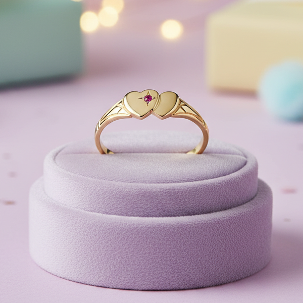 My Little Angel Double Heart Signet Ring with Red Stone in 9ct Yellow Gold
